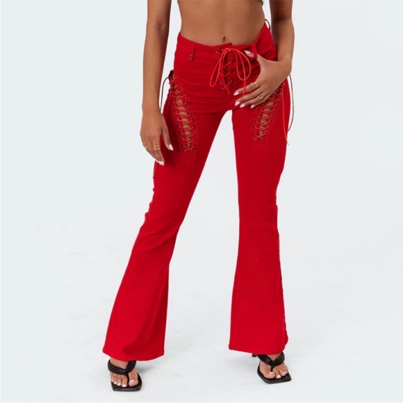 Edikted Pants - Edikted Red Lace-Up Flare Pants XS